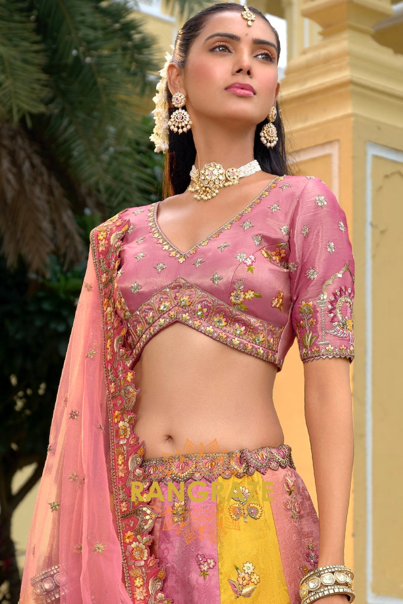 Dusty Rose Heritage Panelled Embroidered Bridal Lehenga with Traditional Motifs