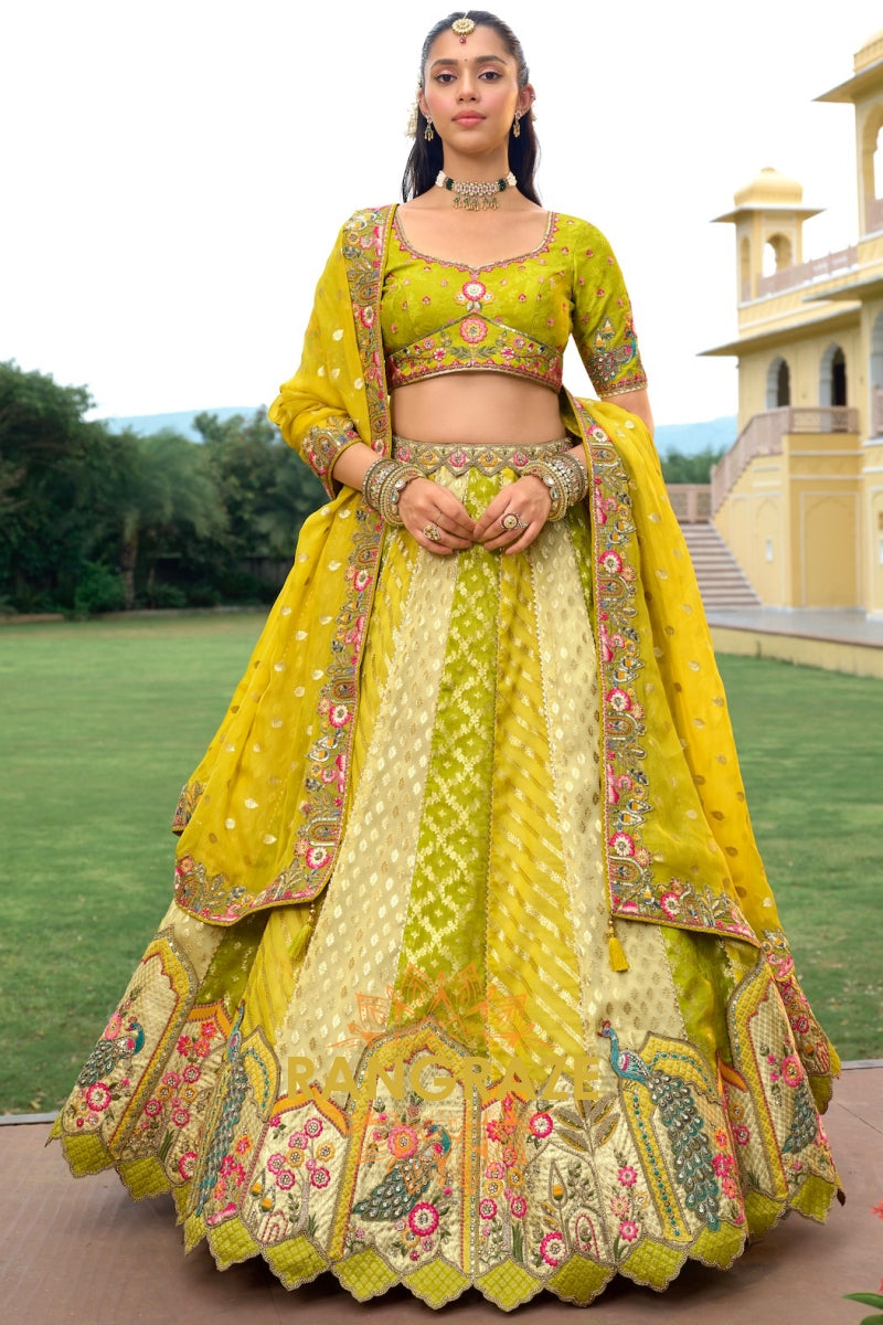 Chartreuse Garden Embroidered Bridal Lehenga with Floral Heritage Motifs