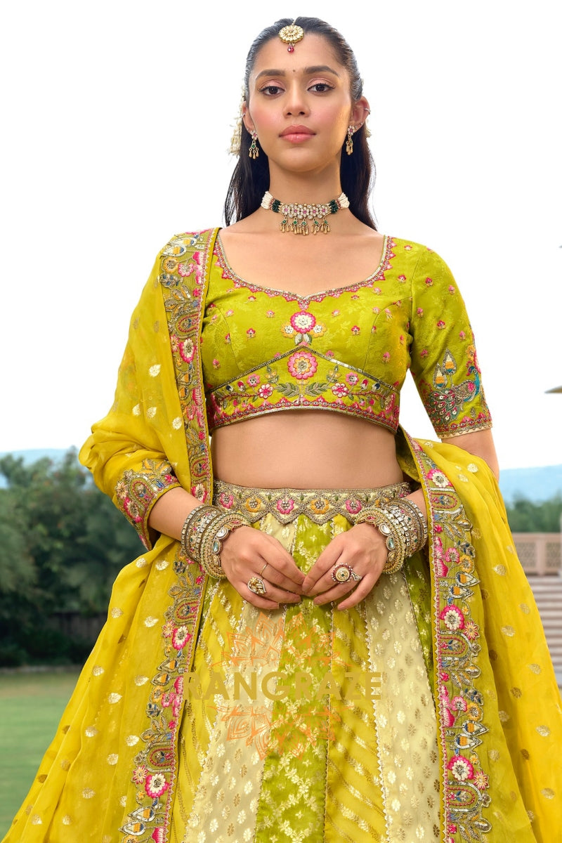Chartreuse Garden Embroidered Bridal Lehenga with Floral Heritage Motifs