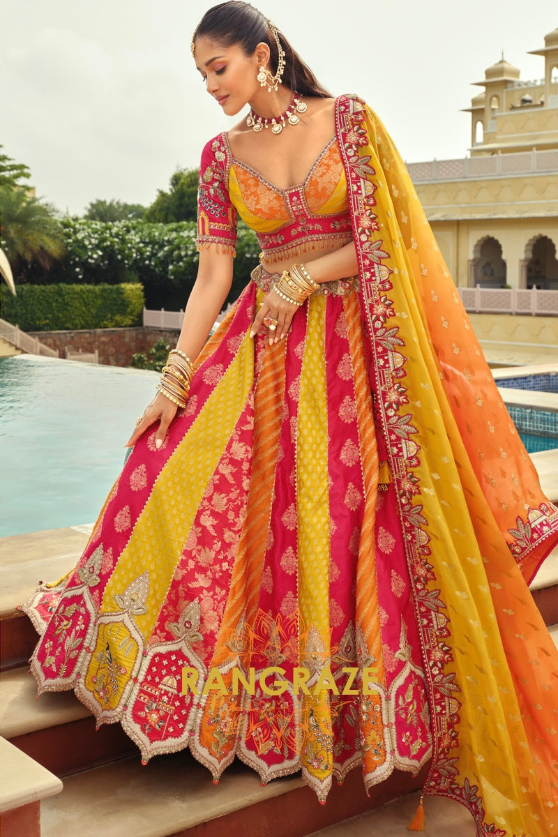 Rani Pink & Mustard Panelled Ready-to-Wear Embroidered Lehenga with Jacquard Georgette Dupatta