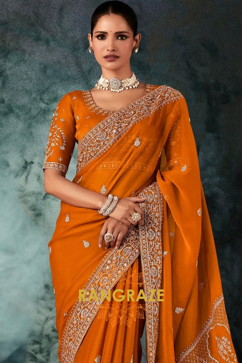 Burnt Orange Designer Embroidered Saree with Heavy Blouse & Pallu Work