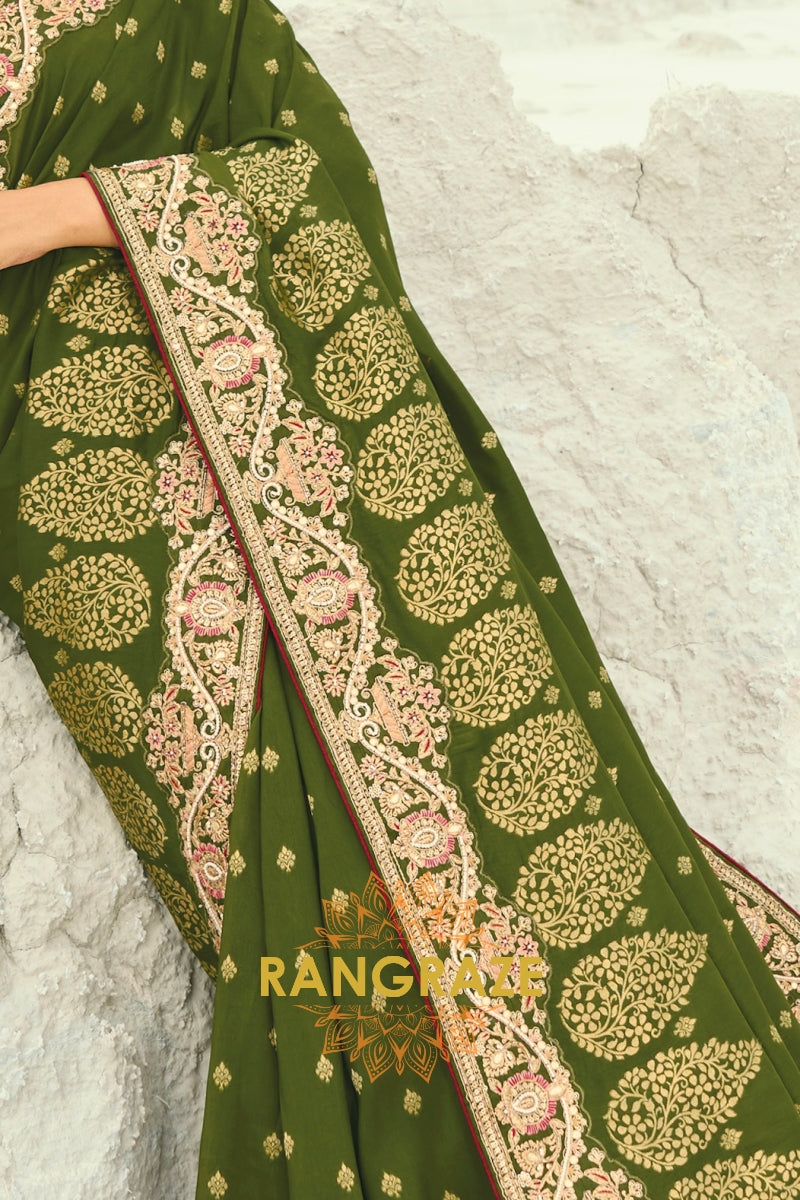 Olive Green Pure Silk Designer Embroidered Saree with Heavy Blouse & Pallu Work