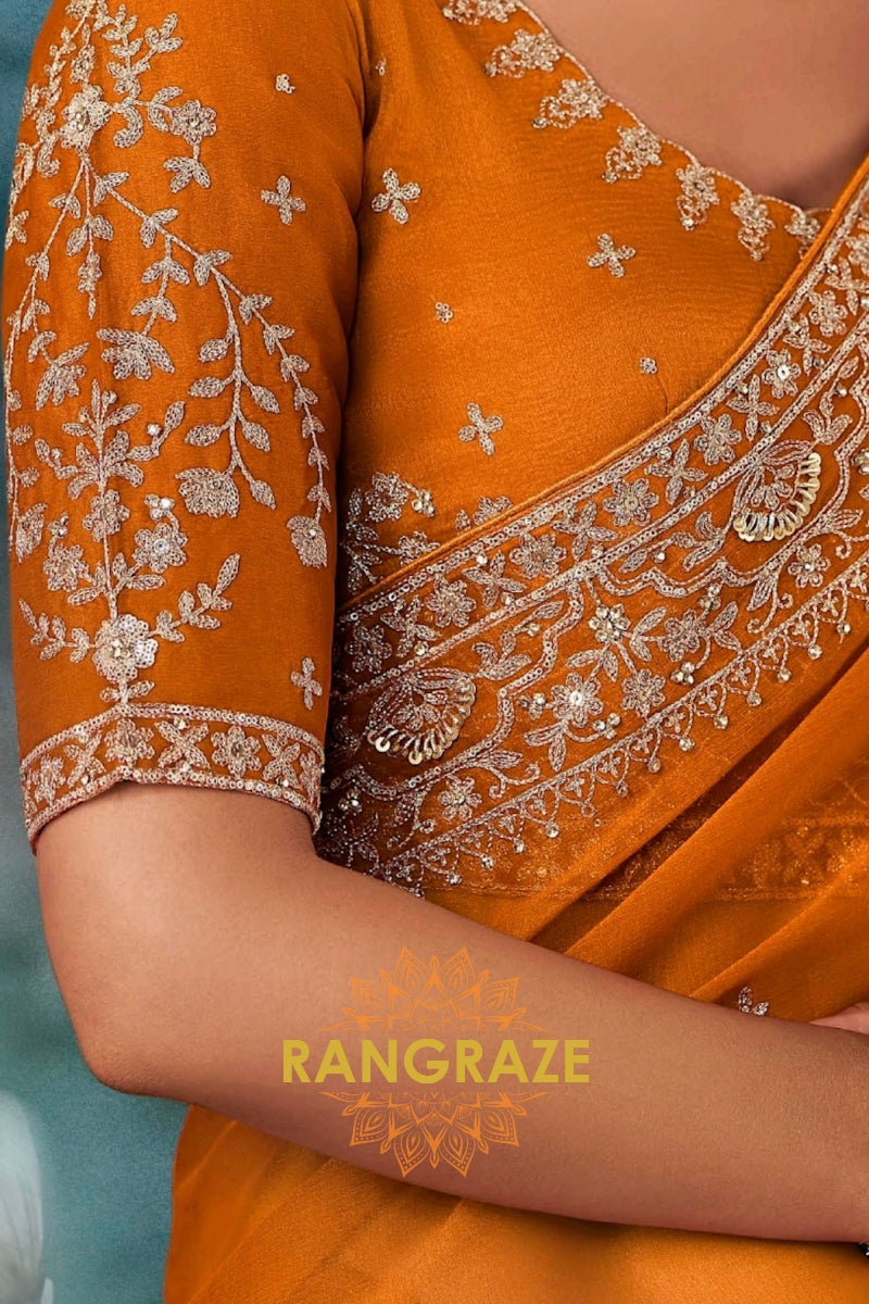 Burnt Orange Designer Embroidered Saree with Heavy Blouse & Pallu Work