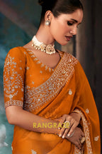 Burnt Orange Designer Embroidered Saree with Heavy Blouse & Pallu Work