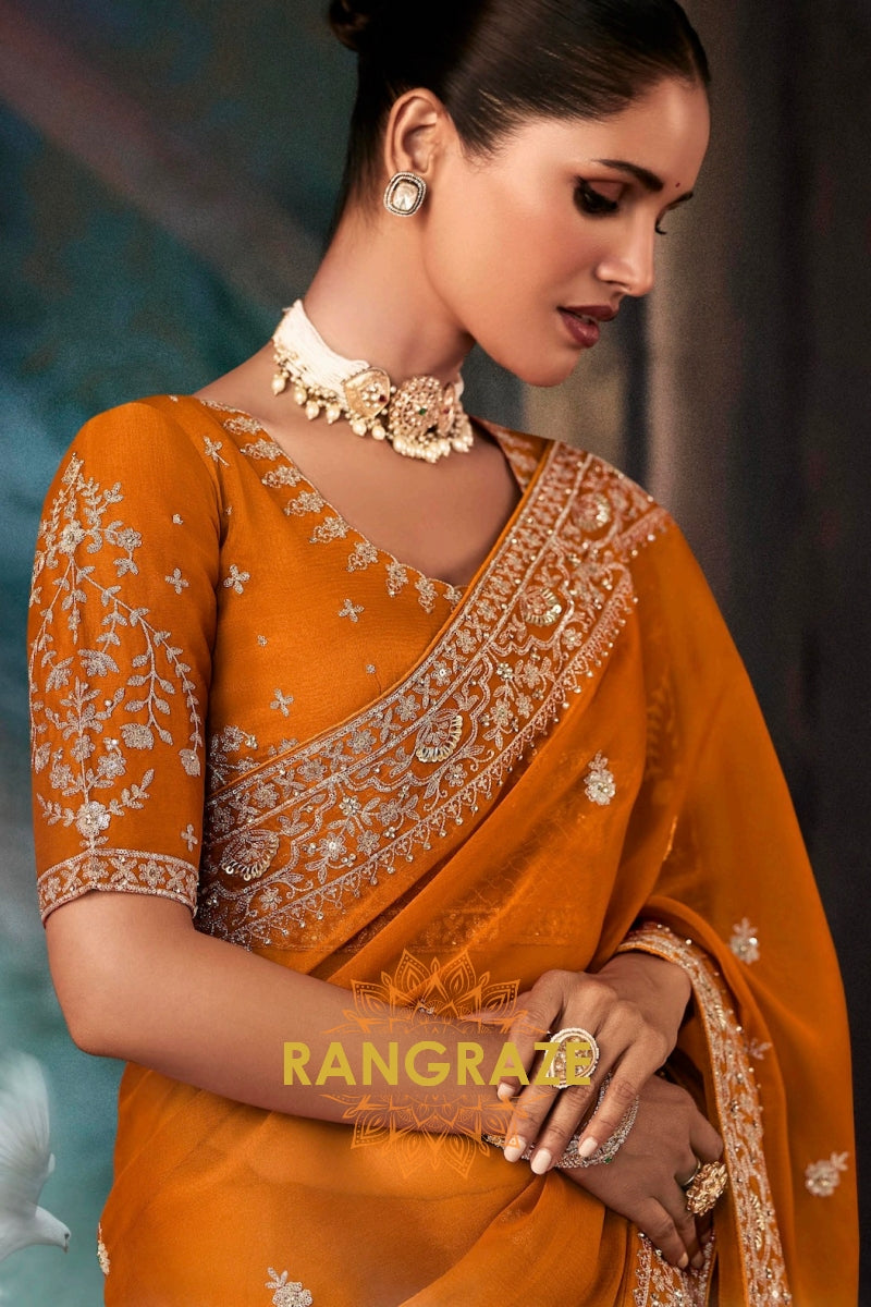 Burnt Orange Designer Embroidered Saree with Heavy Blouse & Pallu Work
