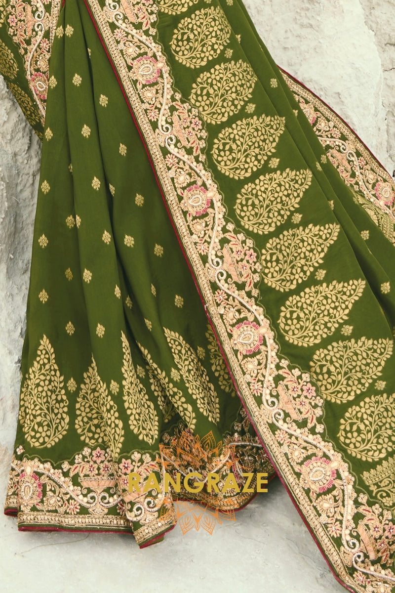 Olive Green Pure Silk Designer Embroidered Saree with Heavy Blouse & Pallu Work