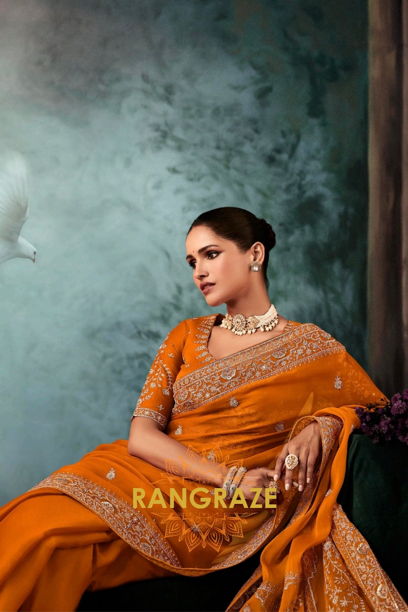 Burnt Orange Designer Embroidered Saree with Heavy Blouse & Pallu Work