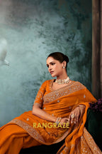 Burnt Orange Designer Embroidered Saree with Heavy Blouse & Pallu Work