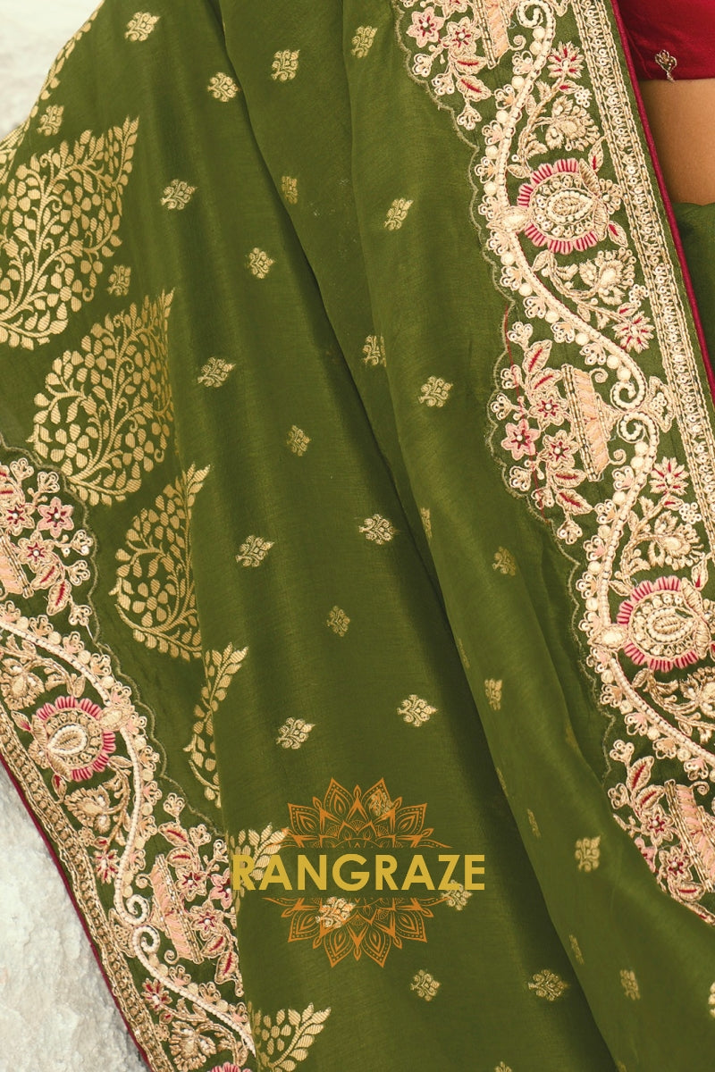Olive Green Pure Silk Designer Embroidered Saree with Heavy Blouse & Pallu Work