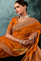 Burnt Orange Designer Embroidered Saree with Heavy Blouse & Pallu Work
