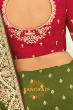 Olive Green Pure Silk Designer Embroidered Saree with Heavy Blouse & Pallu Work