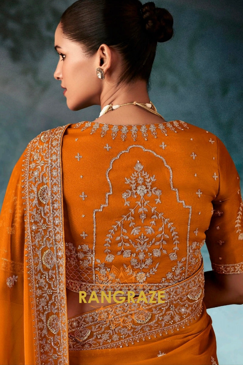 Burnt Orange Designer Embroidered Saree with Heavy Blouse & Pallu Work