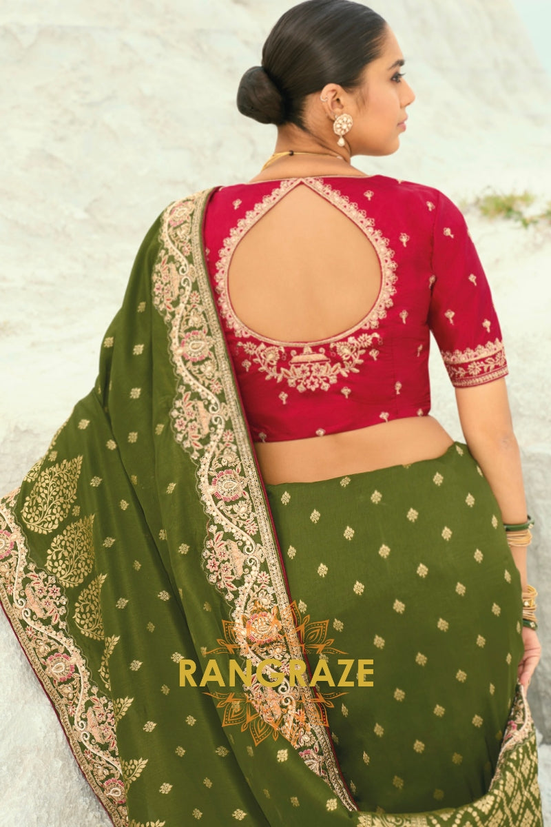 Olive Green Pure Silk Designer Embroidered Saree with Heavy Blouse & Pallu Work