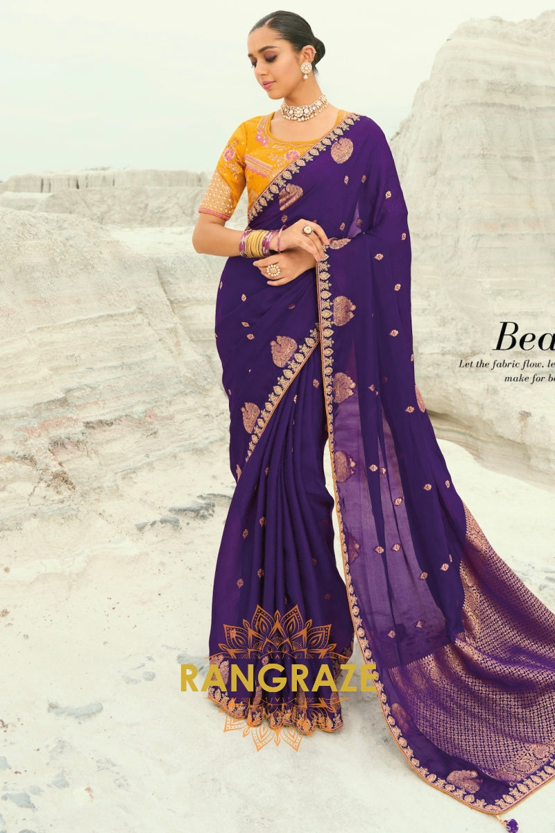 Royal Purple Pure Silk Designer Embroidered Saree with Heavy Blouse & Pallu Work