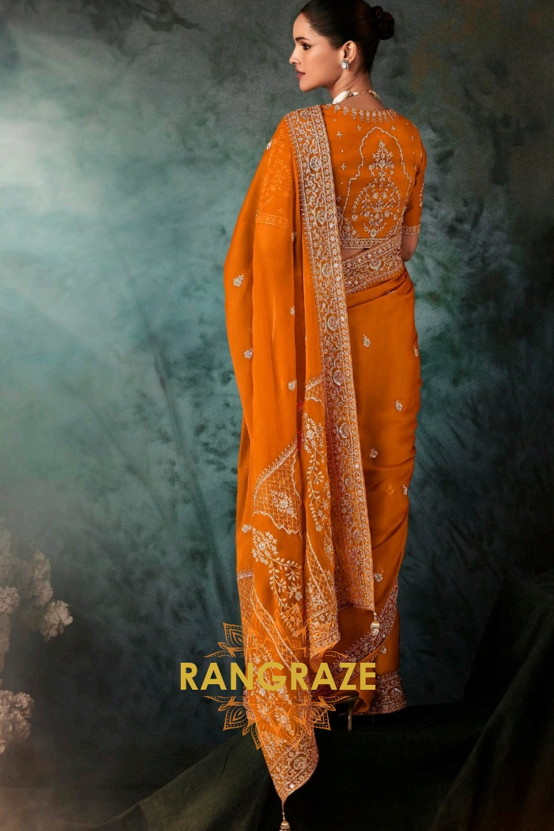 Burnt Orange Designer Embroidered Saree with Heavy Blouse & Pallu Work