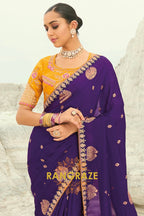 Royal Purple Pure Silk Designer Embroidered Saree with Heavy Blouse & Pallu Work