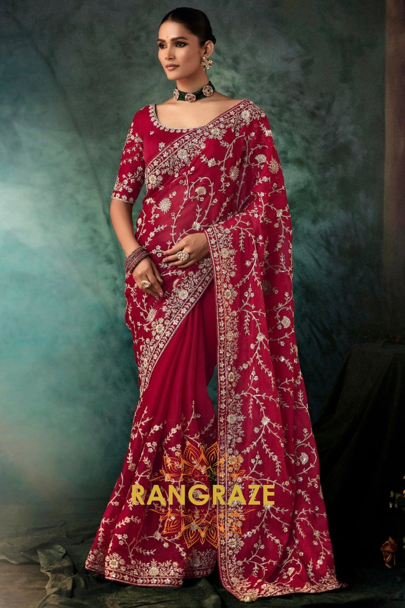 Wine Red Designer Embroidered Saree with Heavy Blouse & Pallu Work