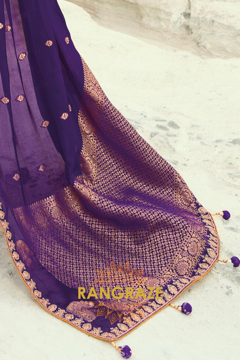 Royal Purple Pure Silk Designer Embroidered Saree with Heavy Blouse & Pallu Work