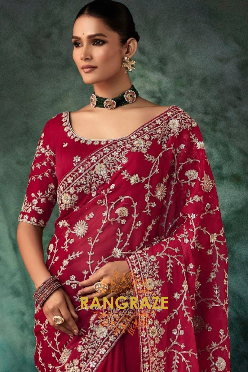Wine Red Designer Embroidered Saree with Heavy Blouse & Pallu Work