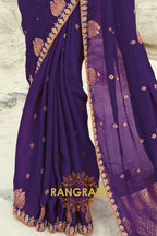 Royal Purple Pure Silk Designer Embroidered Saree with Heavy Blouse & Pallu Work