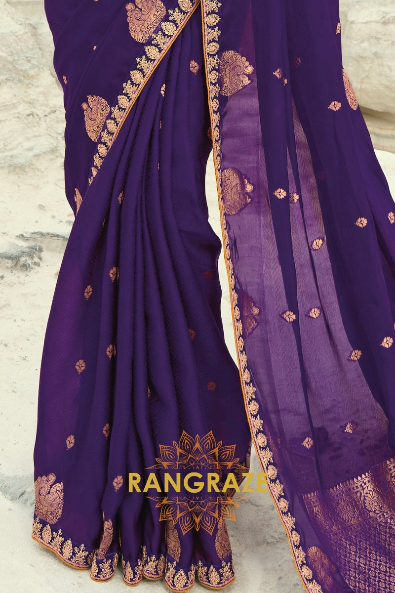 Royal Purple Pure Silk Designer Embroidered Saree with Heavy Blouse & Pallu Work