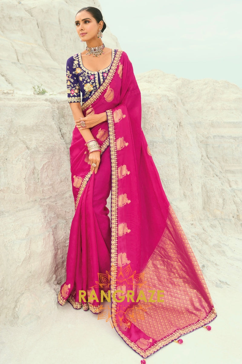 Rani Pink Designer Embroidered Saree with Heavy Blouse & Pallu Work