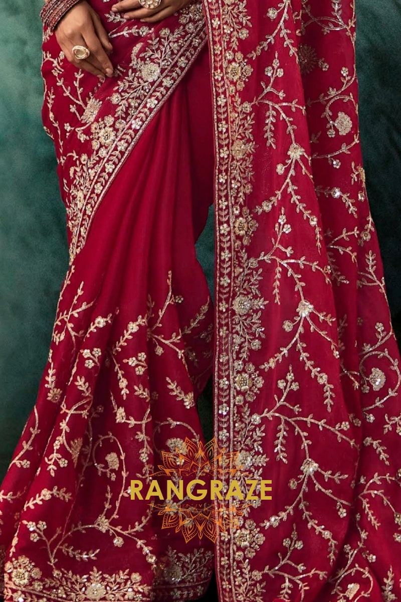 Wine Red Designer Embroidered Saree with Heavy Blouse & Pallu Work