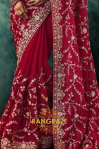 Wine Red Designer Embroidered Saree with Heavy Blouse & Pallu Work