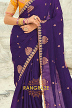 Royal Purple Pure Silk Designer Embroidered Saree with Heavy Blouse & Pallu Work