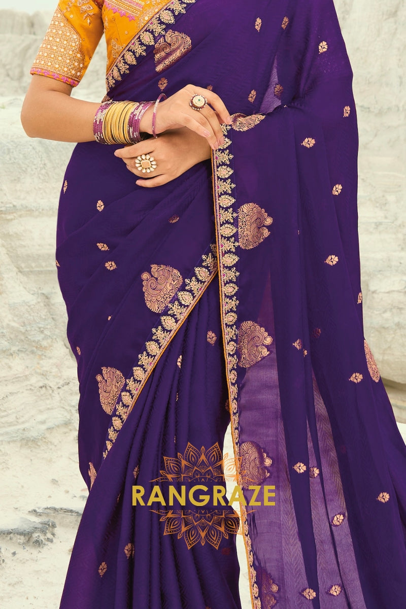 Royal Purple Pure Silk Designer Embroidered Saree with Heavy Blouse & Pallu Work
