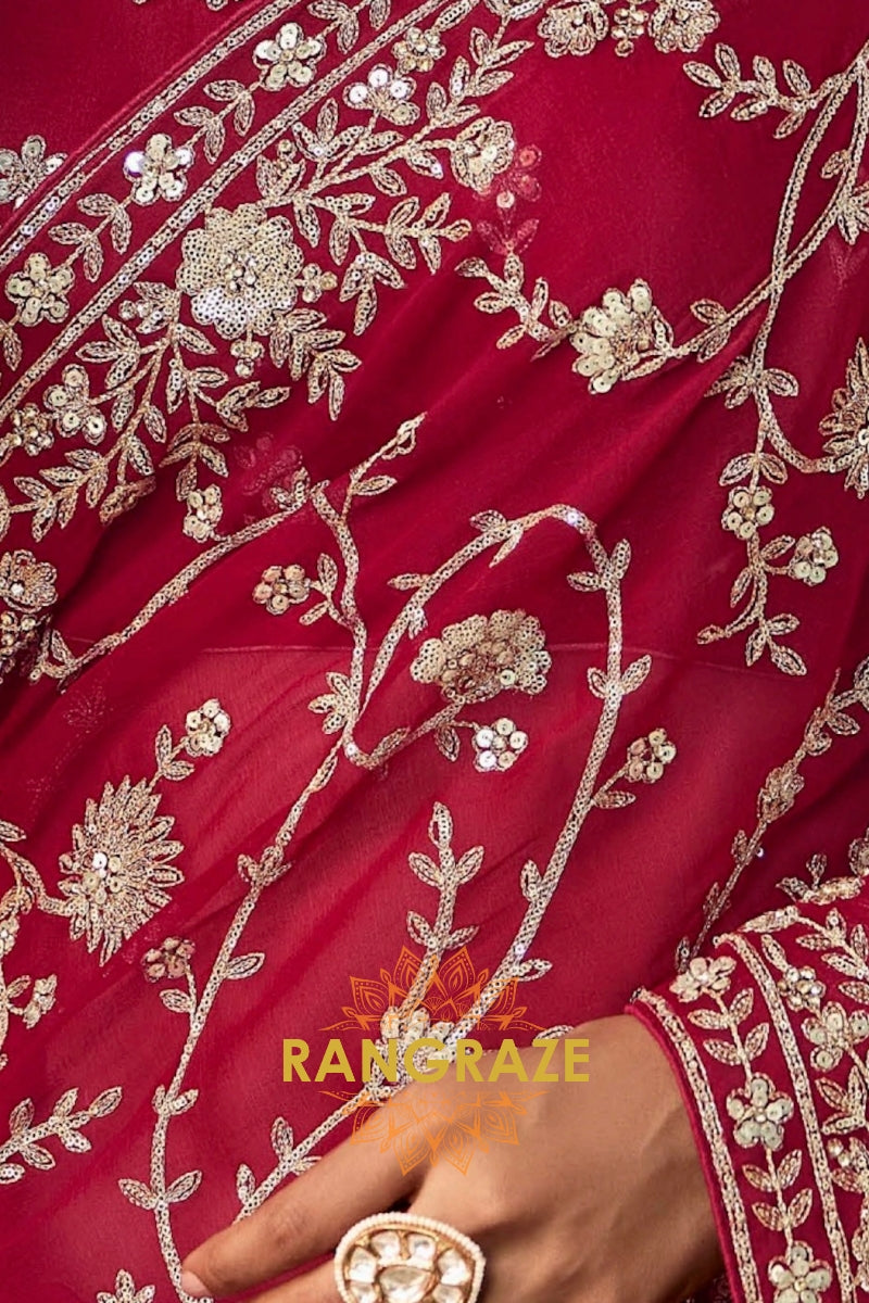 Wine Red Designer Embroidered Saree with Heavy Blouse & Pallu Work