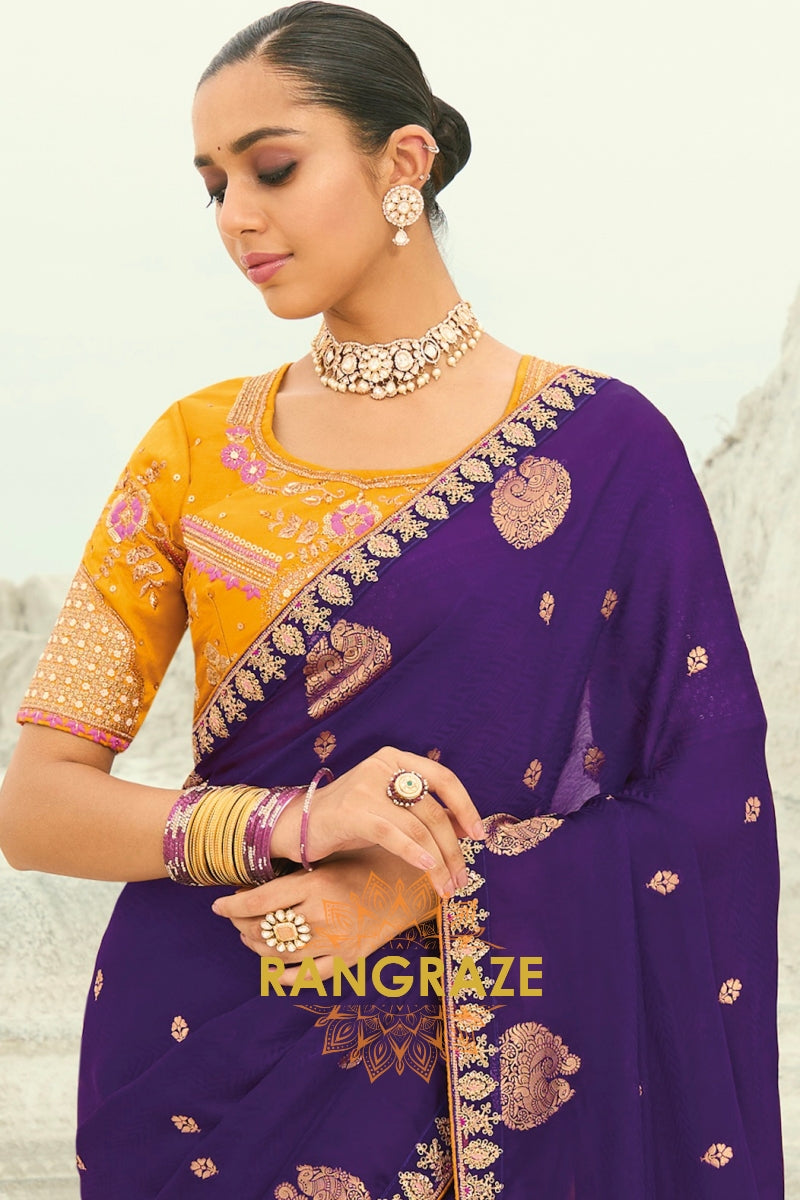 Royal Purple Pure Silk Designer Embroidered Saree with Heavy Blouse & Pallu Work