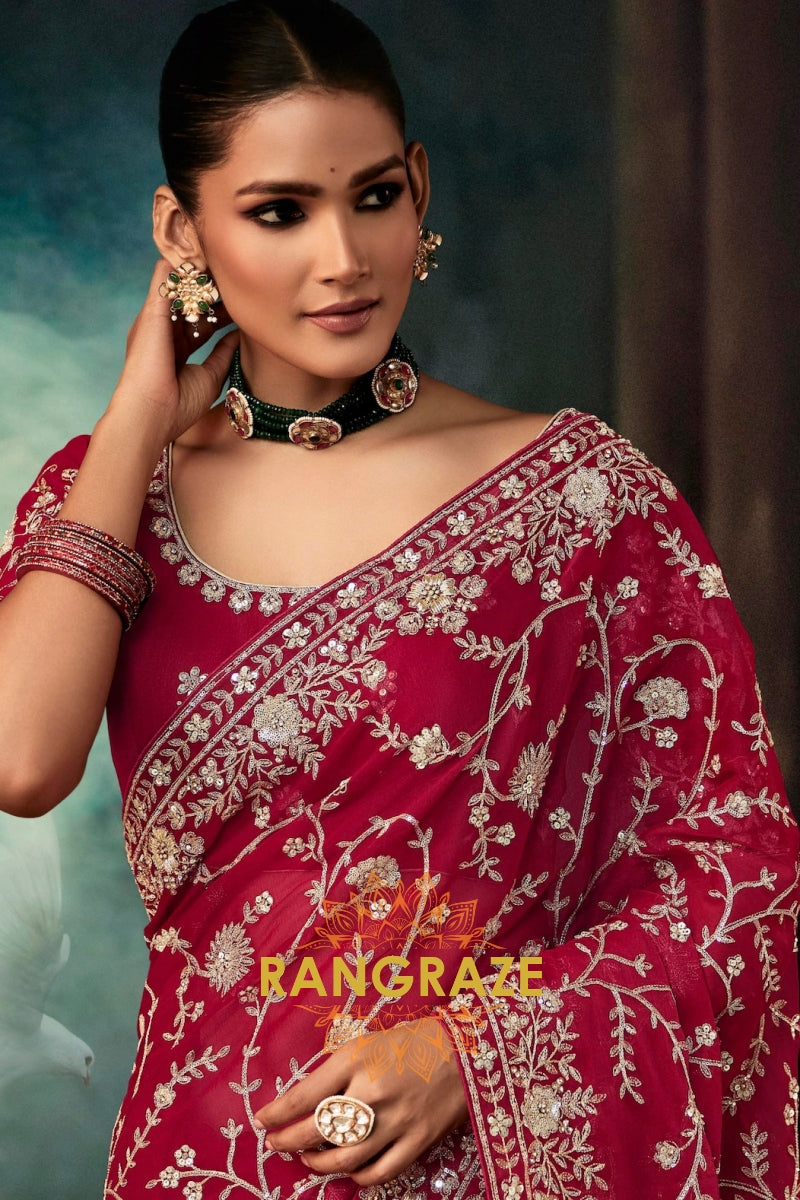 Wine Red Designer Embroidered Saree with Heavy Blouse & Pallu Work