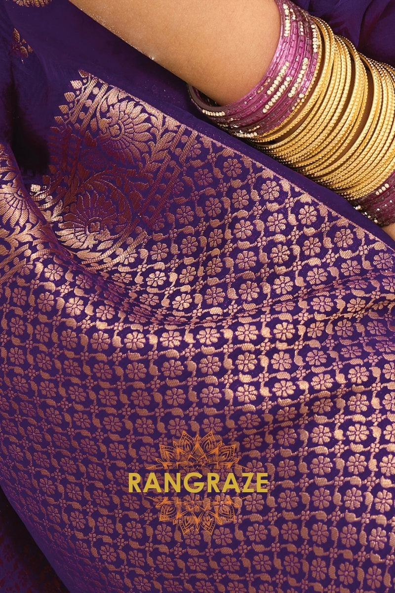 Royal Purple Pure Silk Designer Embroidered Saree with Heavy Blouse & Pallu Work