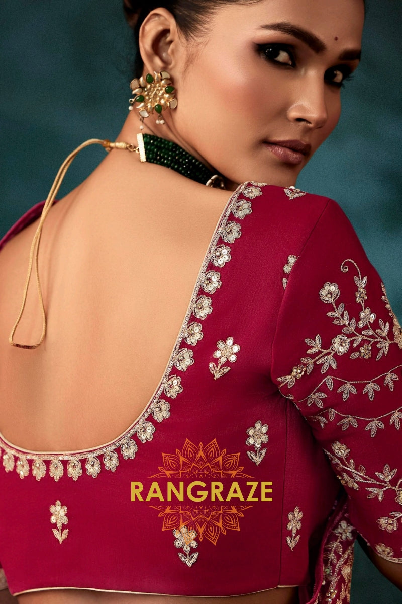 Wine Red Designer Embroidered Saree with Heavy Blouse & Pallu Work
