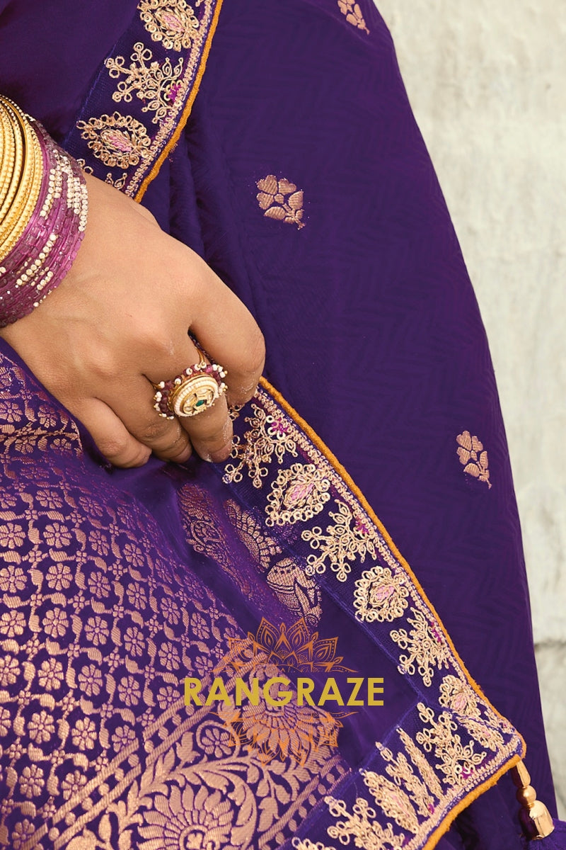 Royal Purple Pure Silk Designer Embroidered Saree with Heavy Blouse & Pallu Work