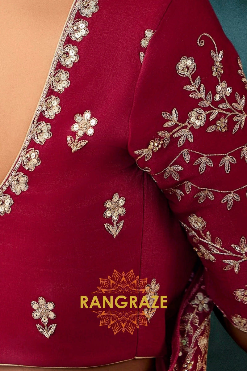 Wine Red Designer Embroidered Saree with Heavy Blouse & Pallu Work