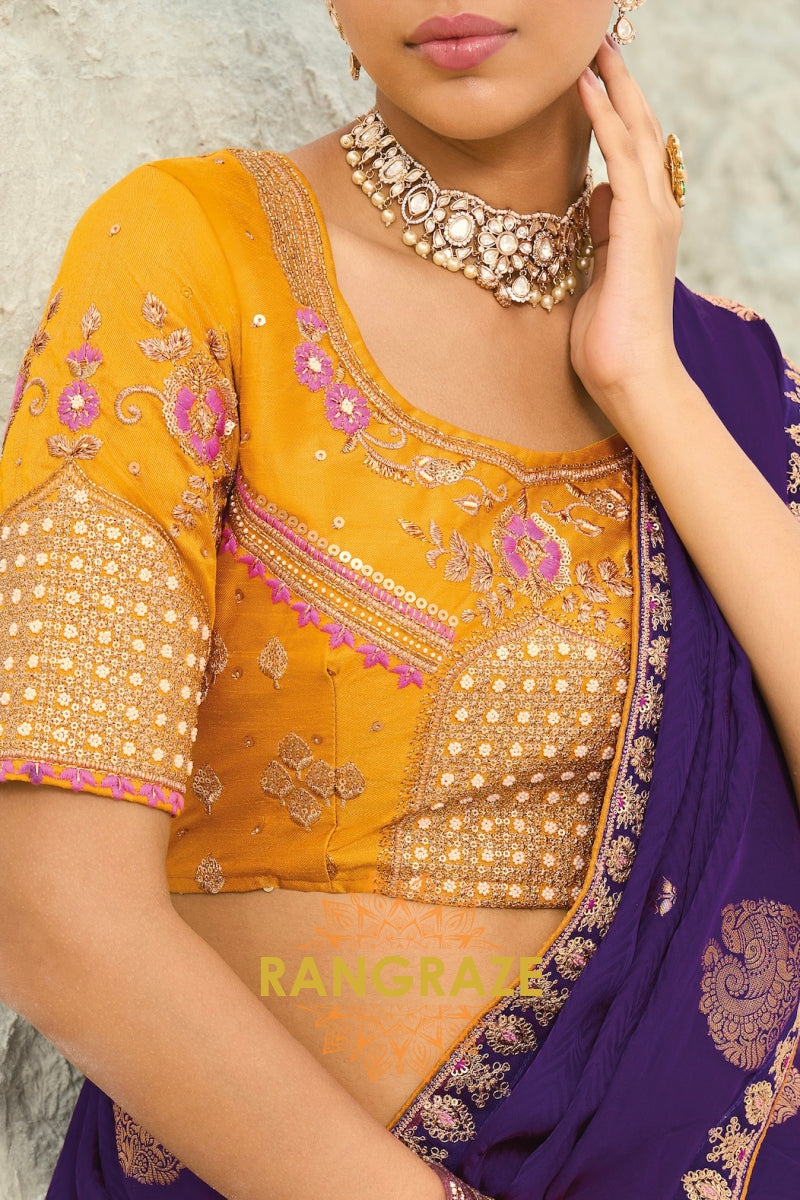 Royal Purple Pure Silk Designer Embroidered Saree with Heavy Blouse & Pallu Work