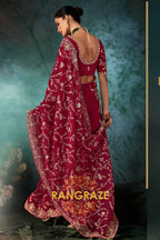 Wine Red Designer Embroidered Saree with Heavy Blouse & Pallu Work