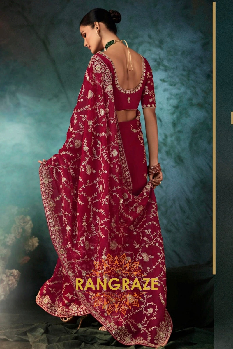 Wine Red Designer Embroidered Saree with Heavy Blouse & Pallu Work