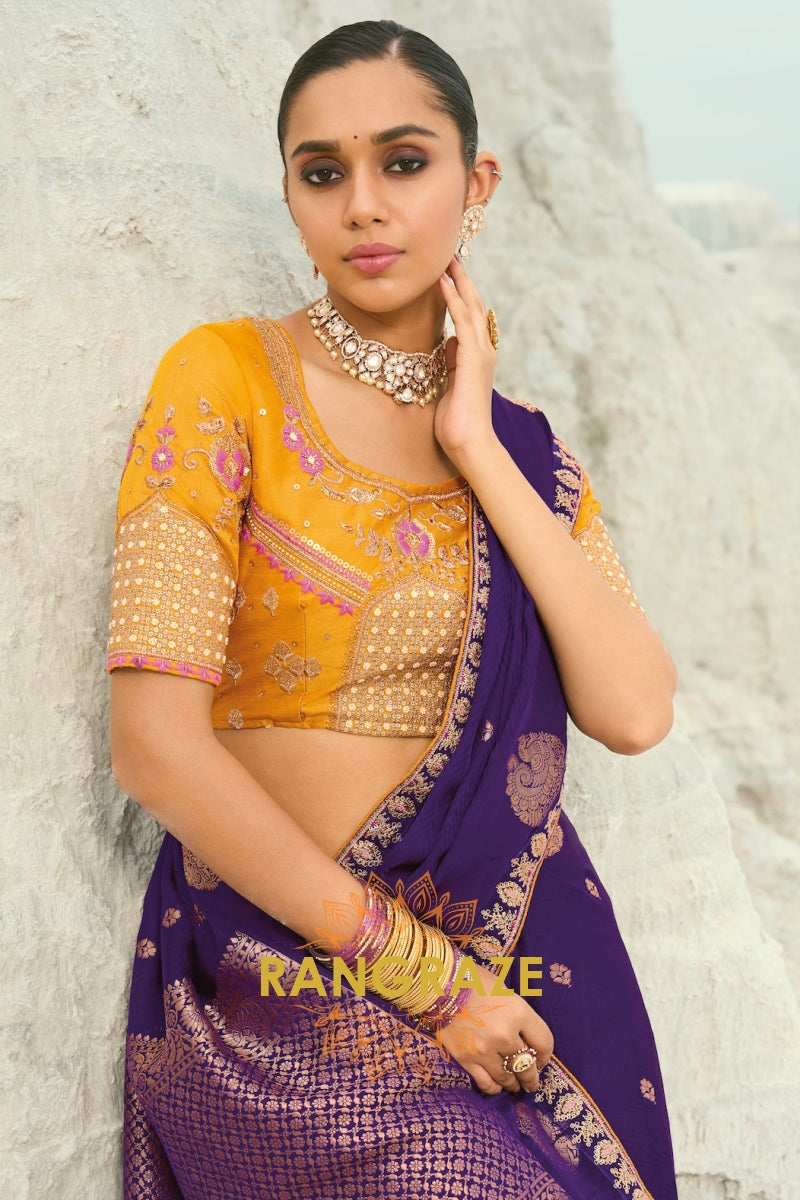 Royal Purple Pure Silk Designer Embroidered Saree with Heavy Blouse & Pallu Work