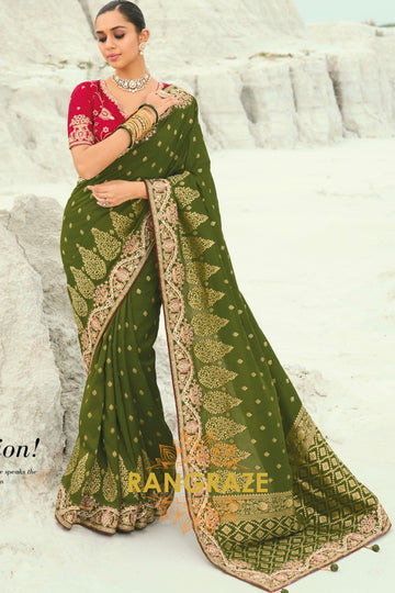 Olive Green Pure Silk Designer Embroidered Saree with Heavy Blouse & Pallu Work