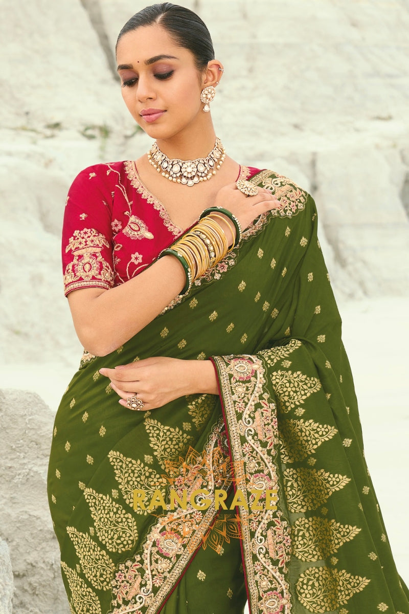 Olive Green Pure Silk Designer Embroidered Saree with Heavy Blouse & Pallu Work