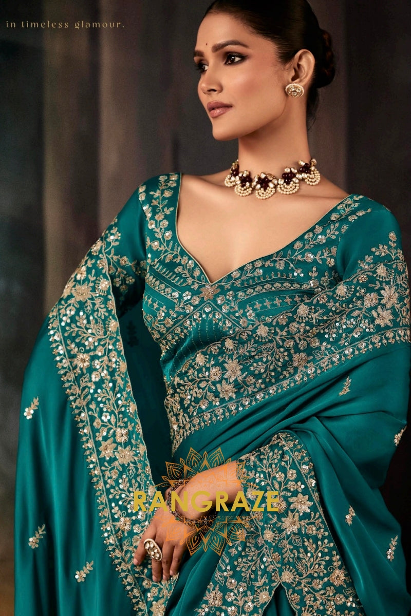 Teal Green Designer Embroidered Saree with Heavy Blouse & Pallu Work