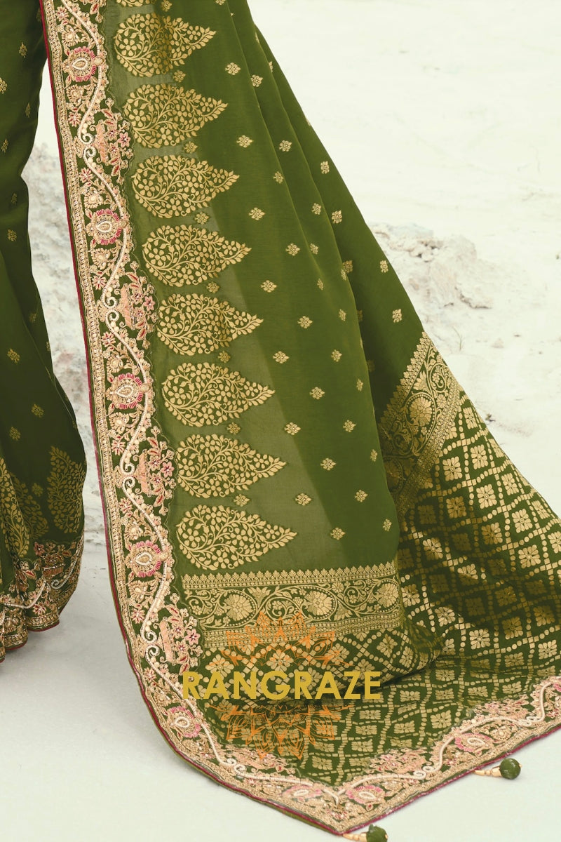Olive Green Pure Silk Designer Embroidered Saree with Heavy Blouse & Pallu Work