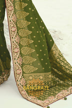 Olive Green Pure Silk Designer Embroidered Saree with Heavy Blouse & Pallu Work