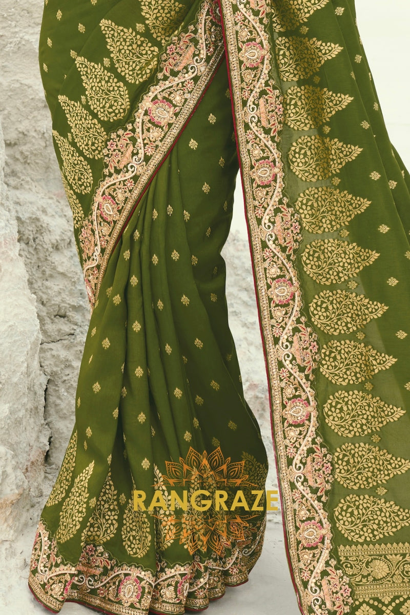 Olive Green Pure Silk Designer Embroidered Saree with Heavy Blouse & Pallu Work