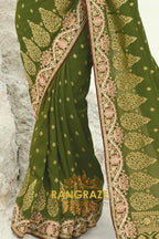 Olive Green Pure Silk Designer Embroidered Saree with Heavy Blouse & Pallu Work