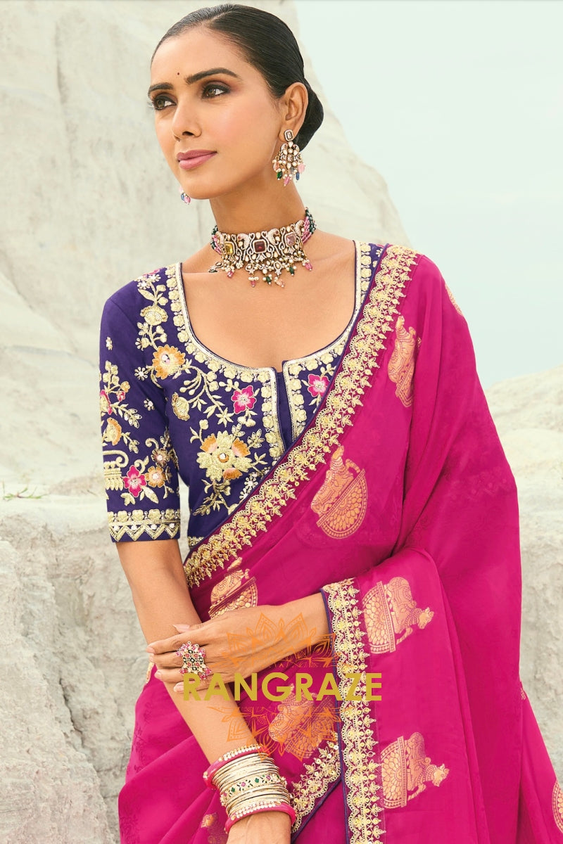 Rani Pink Designer Embroidered Saree with Heavy Blouse & Pallu Work