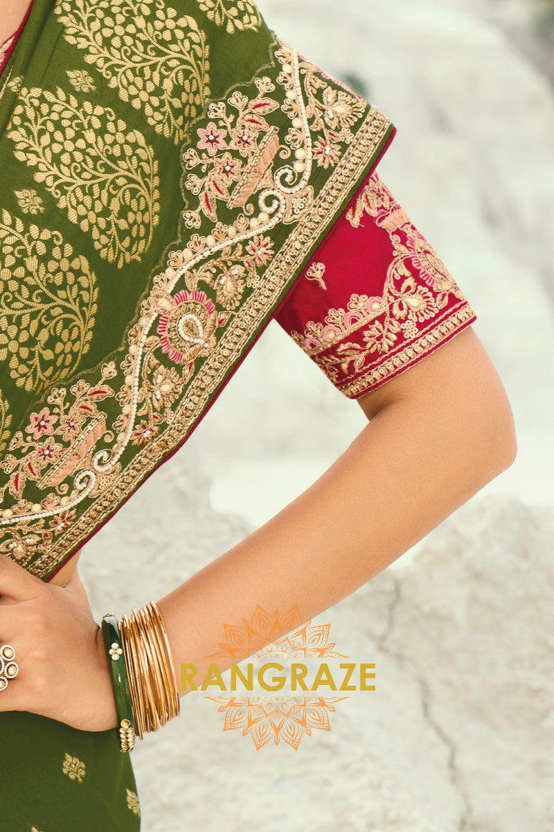 Olive Green Pure Silk Designer Embroidered Saree with Heavy Blouse & Pallu Work